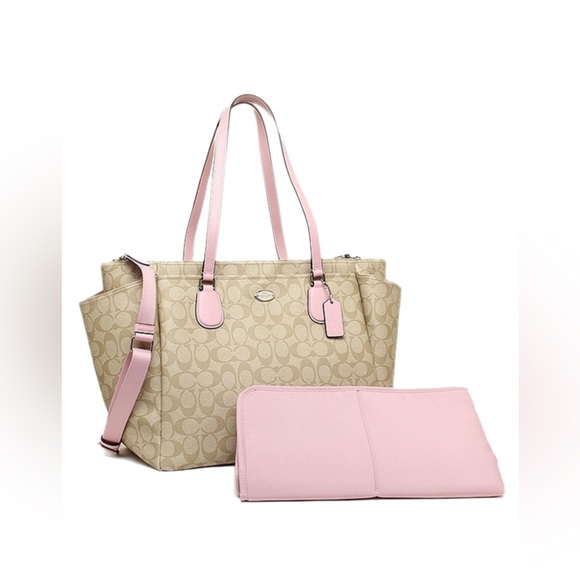 Coach Handbags - Coach Signature Diaper Bag in Khaki and pink